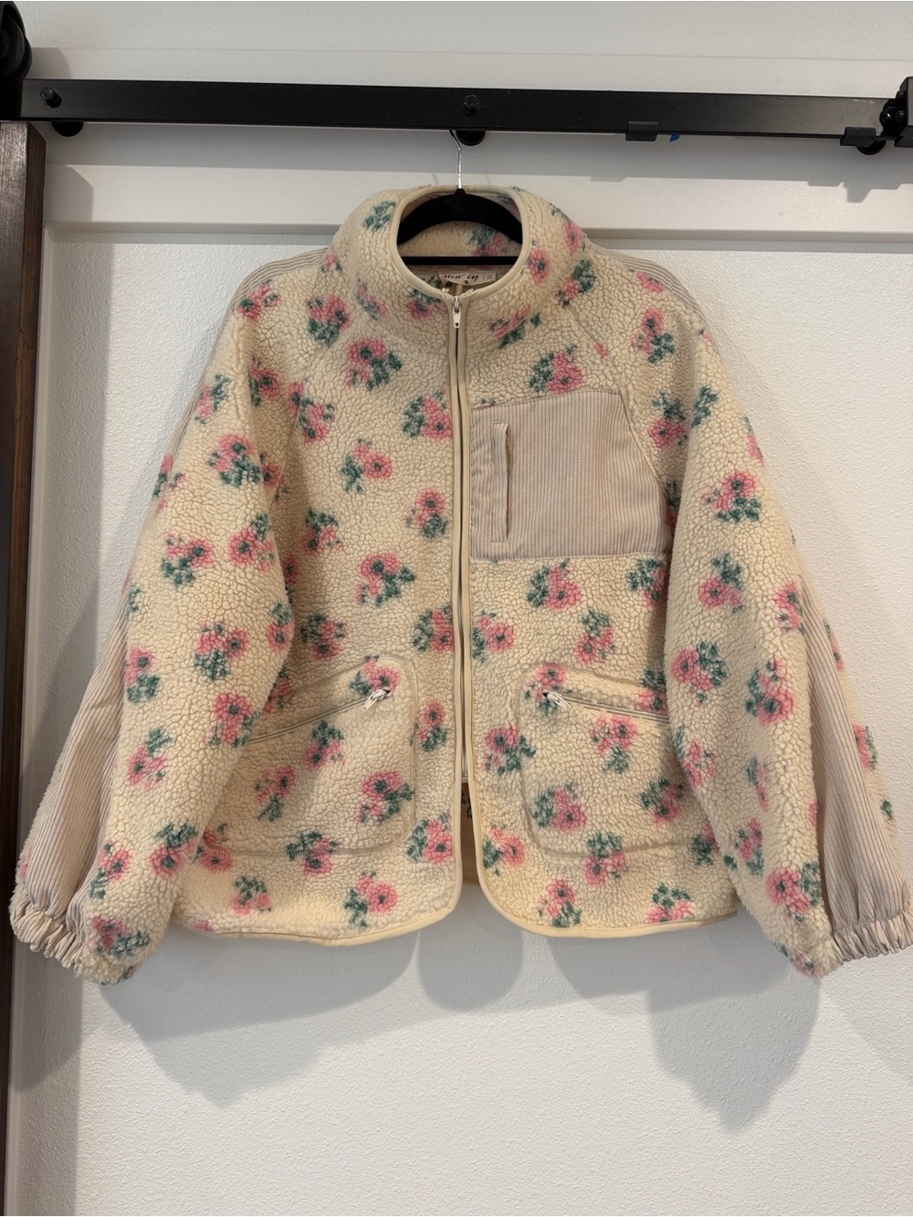 Cream Floral SherpaTeddy zip up with Pink Floral Print